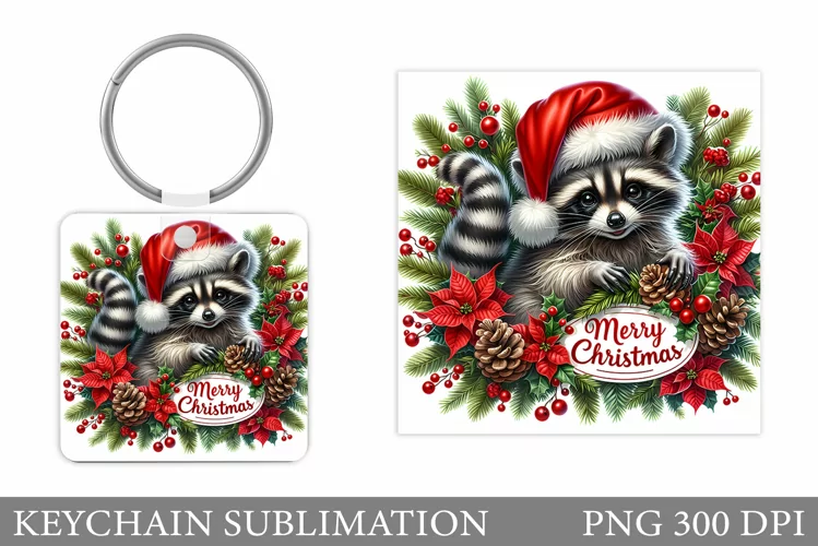 Christmas Raccoon Keychain. Christmas Keychain Sublimation