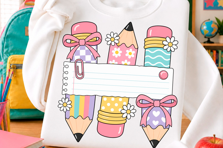 Cute Pink Stationery Pencil Frame T Shirt Design