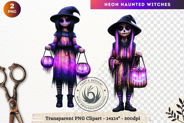 Neon Haunted Witches Clipart, Spooky Kawaii Halloween PNG example image 1