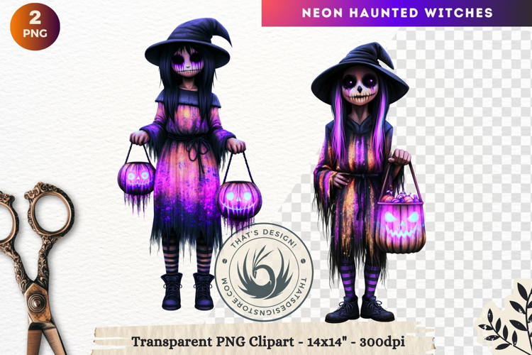 Neon Haunted Witches Clipart, Spooky Kawaii Halloween PNG