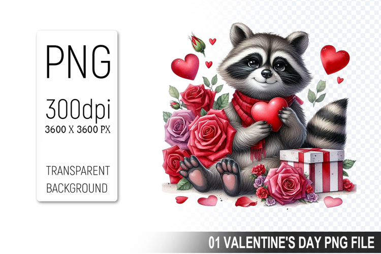 Valentines Cute Raccoon Clipart PNG, Digital Download File