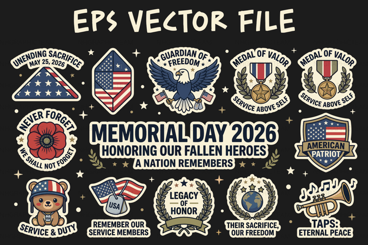 Memorial Day 2026 Patriotic Military Sticker Bundle EPS Pack