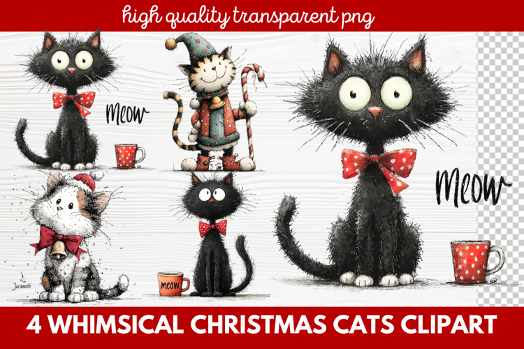 4 Whimsical Christmas Cats Clipart | Cute Holiday Cat PNG