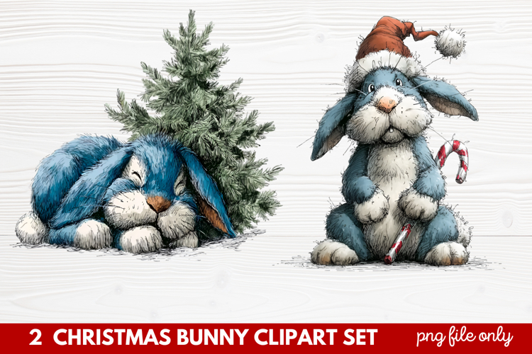 2 Christmas Bunny Clipart Set | Cute Holiday Bunny PNG Illus