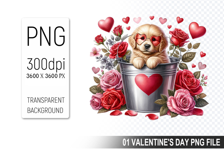 Valentines Dog in Bucket, Animal Graphic For Crafts