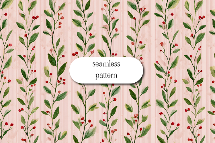 Watercolor Green Leaves and Red Berries Striped Pattern