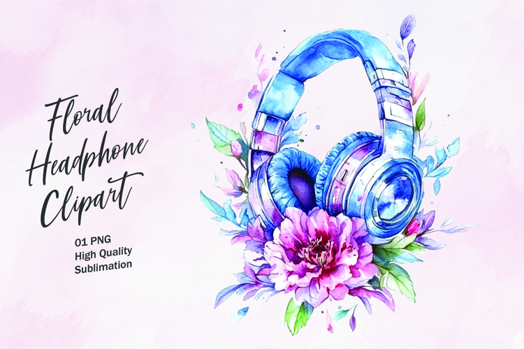 Floral headphone watercolor clipart