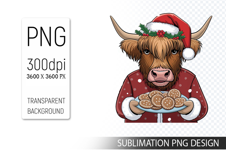 Cute Christmas Highland Cow , Animal Sublimation Clipart PNG