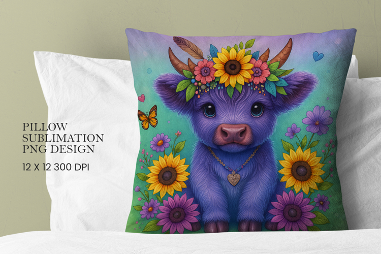 Highland Cow Flowers Pillow Sublimation PNG