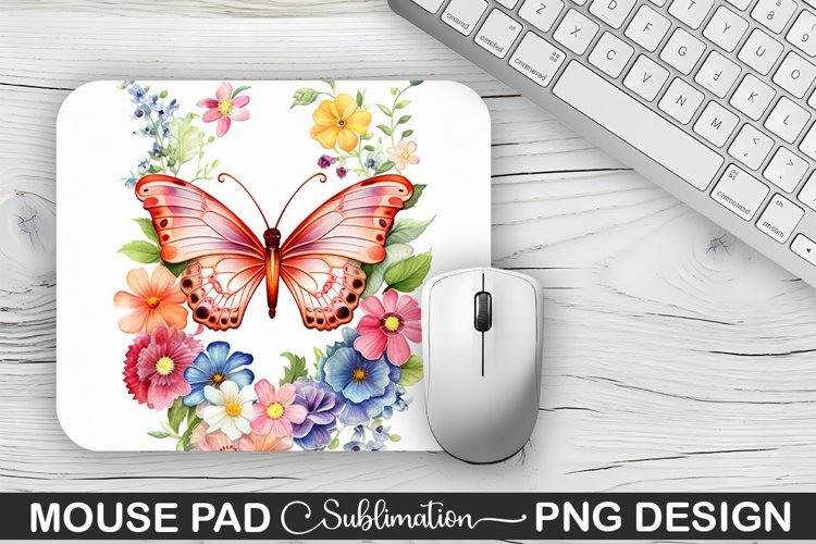 Rainbow Butterfly and Flowers Sublimation Mouse Pad Design