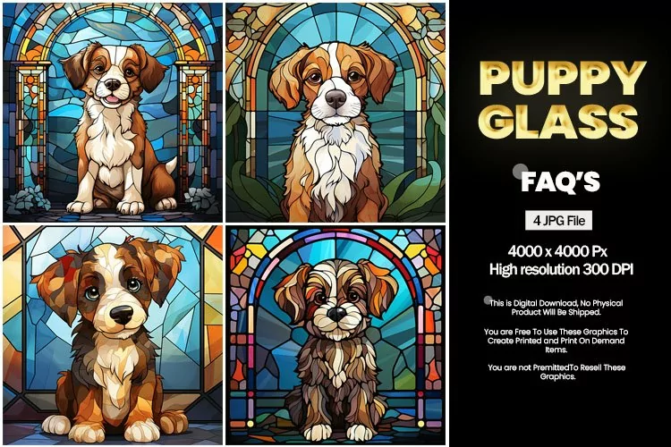 Puppy Stained Glass Square Coaster - 04 Variations