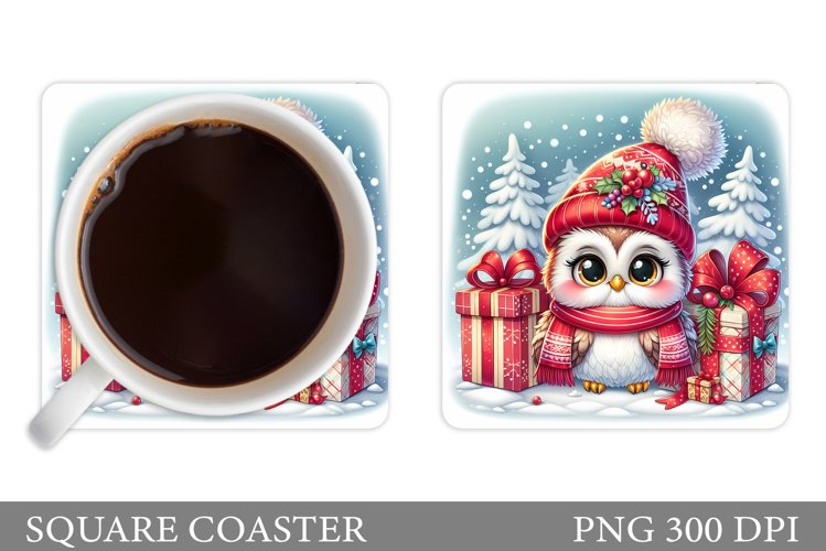 Cute Owl Coaster Design. Christmas Owl Sublimation example image 1