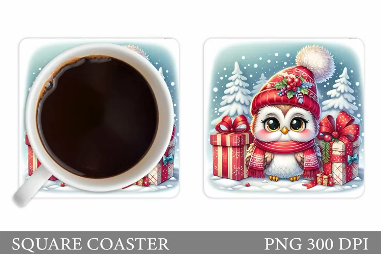 Cute Owl Coaster Design. Christmas Owl Sublimation