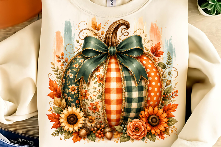 Coquette Patchwork Fall Pumpkin PNG, Autumn Pumpkin PNG