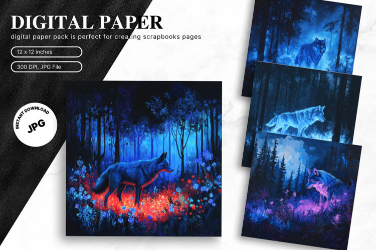 Wolf Wall Art Digital Paper Backgrounds Printable Scrapbook