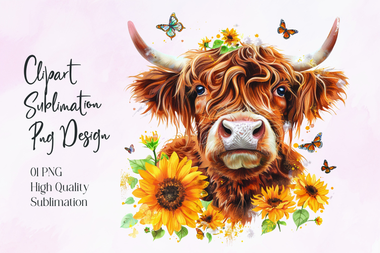 Highland Cow Sunflower Floral Sublimation PNG