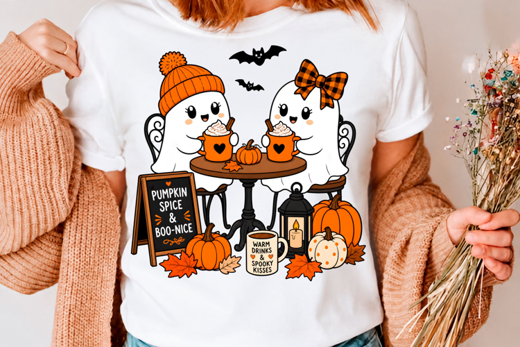 Cute Ghost Couple Pumpkin Spice Halloween T-Shirt Design