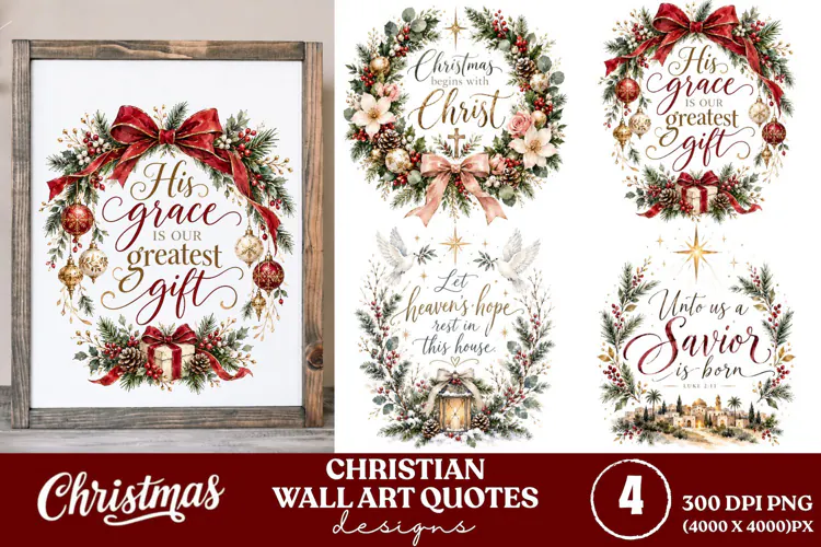 4 Christian Christmas Wall Art PNGs, 4 Bible Verse Christmas