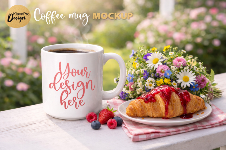 Coffee Mug with Croissant | Cozy Breakfast Mug Mockup PNG
