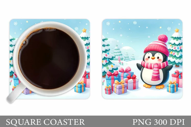 Cute Penguin Coaster Sublimation. Christmas Coaster Design