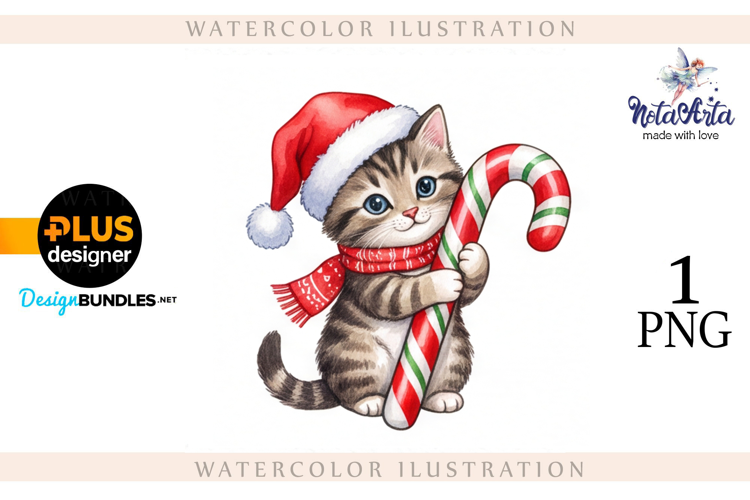 Christmas Kitten in Watercolor Style