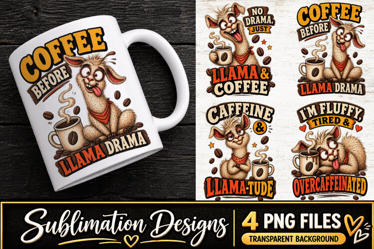 Funny Llama Coffee Clipart Sublimation PNG example image 1