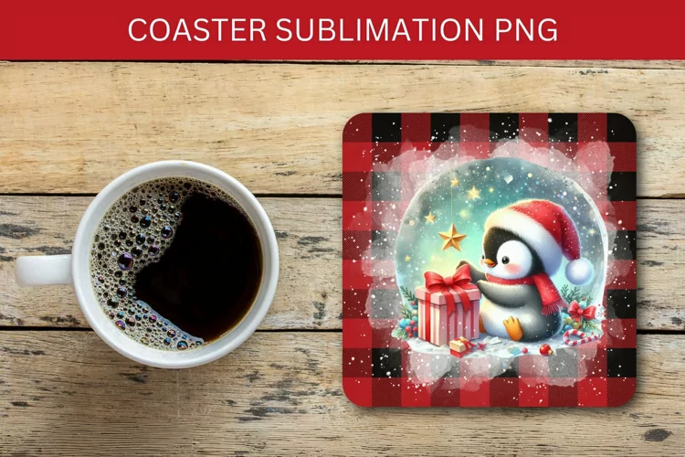 square coaster - penguin with christmas wrapped gift