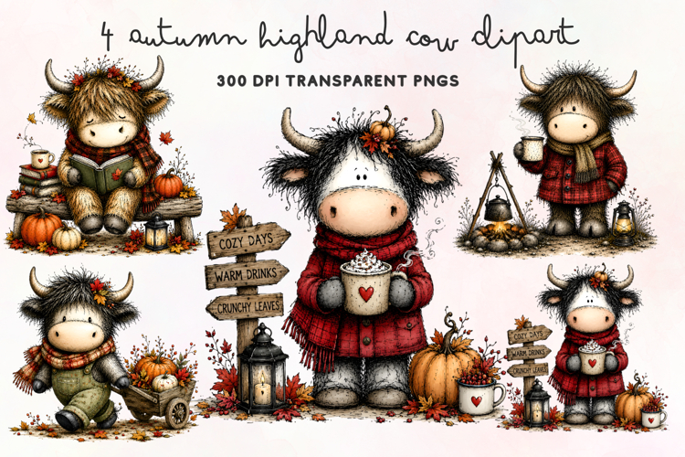 Autumn Highland Cow Clipart PNG