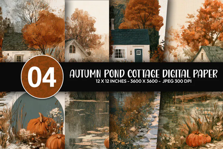Autumn Pond Cottage Digital Paper
