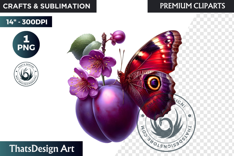 Vibrant Butterfly with Fruit PNG, Tropical Summer Clipart