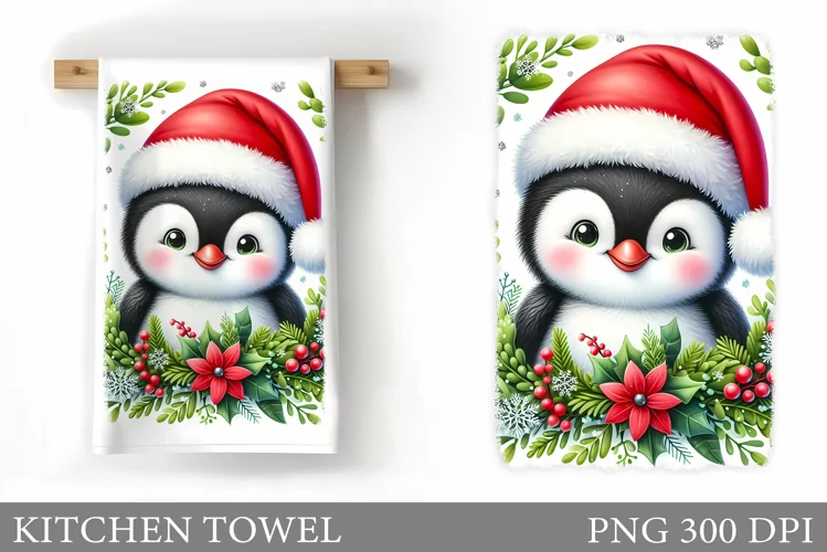 Cute Penguin Kitchen Towel. Christmas Penguin Kitchen Towel