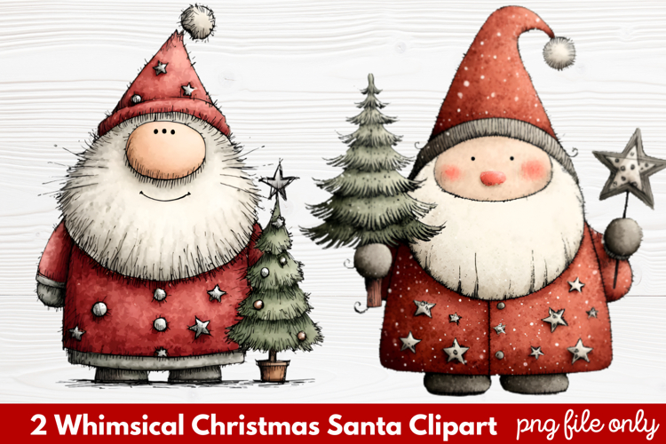 2 Whimsical Christmas Santa Clipart | Cute Santa PNG