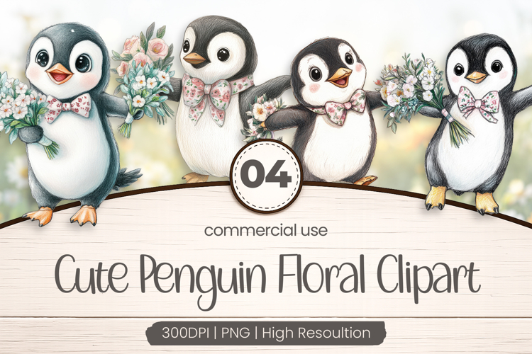 Cute Penguin Floral Clipart PNG