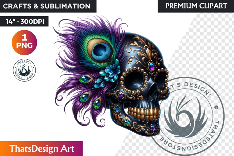 Floral Black Gold Sugar Skull dia de muertos Clipart PNG