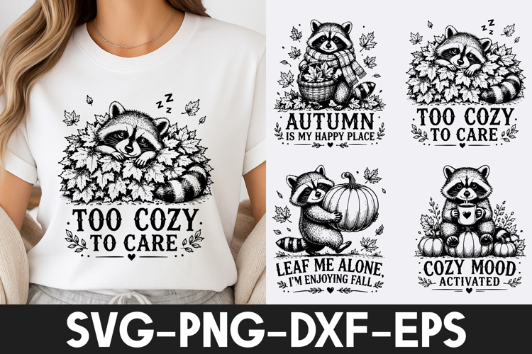 Cozy Raccoon Fall Autumn Leaves SVG PNG