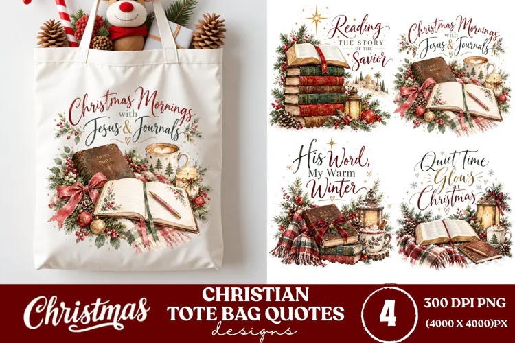 4 Christian Christmas Tote Bag PNGs, 4 Bible Lover Christmas