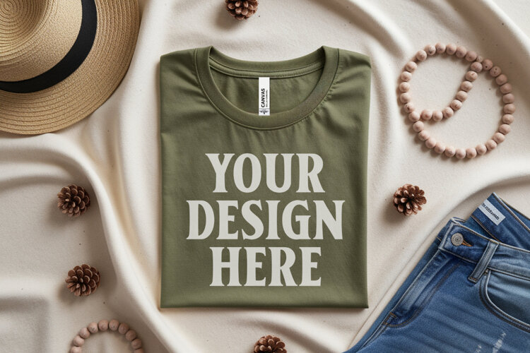 Heather Olive Bella Canvas 3001 Flat Lay T-Shirt Mockup example image 1