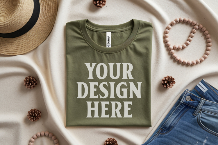 Heather Olive Bella Canvas 3001 Flat Lay T-Shirt Mockup
