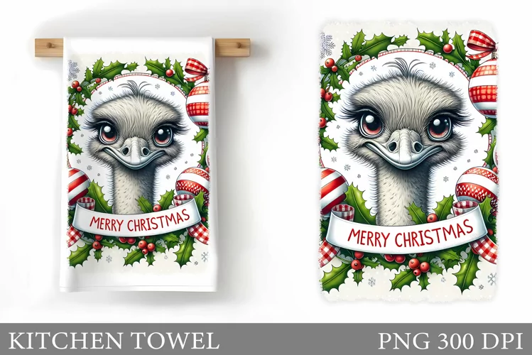 Christmas Ostrich Kitchen Towel. Christmas Kitchen Towel