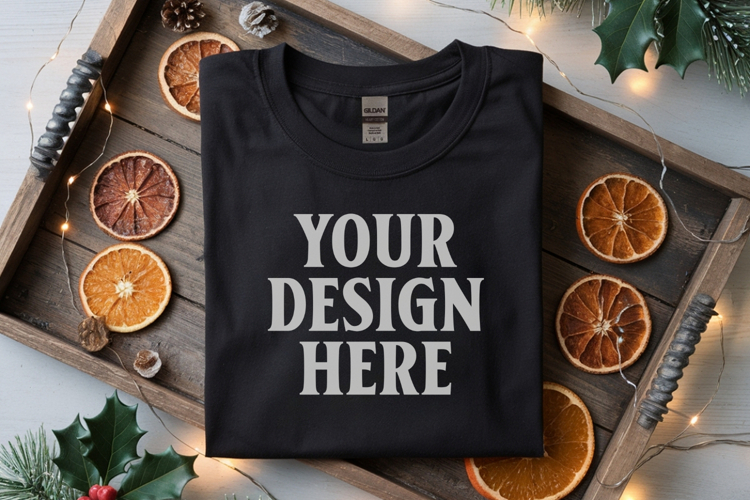 Gildan 5000 Black Folded Christmas Mockup, G5000 mockup