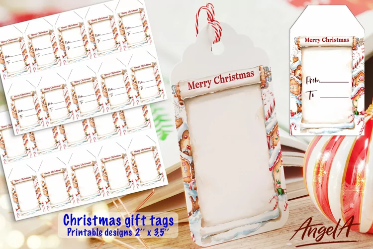 Christmas printable gift tag, gingerbread houses, papyrus