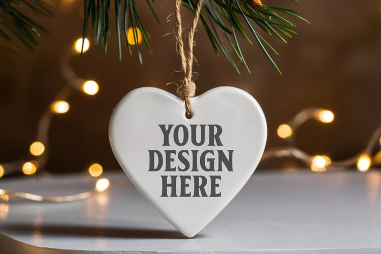 Romantic Christmas Ceramic Heart Ornament Mockup | Holiday