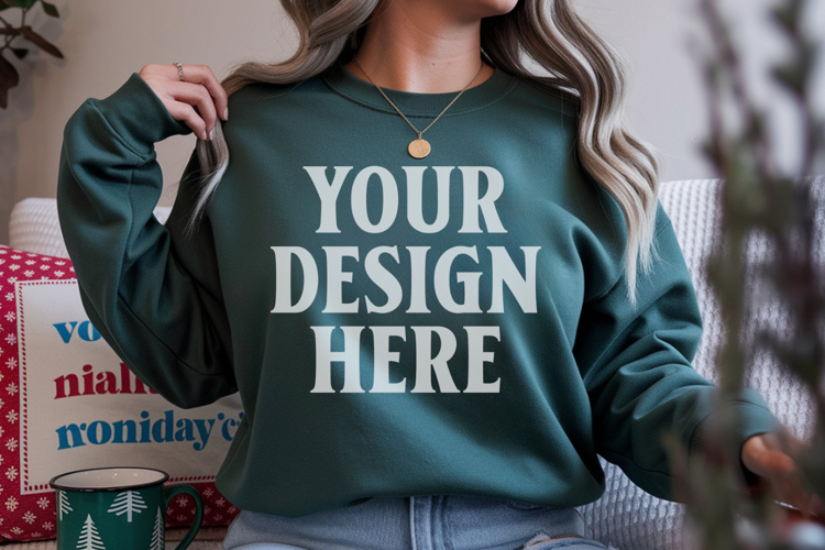 Comfort Colors 1566 Blue Spruce Sweatshirt Mockup, Cozy Boho