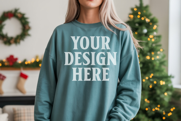 Comfort Colors 1566 Blue Spruce Sweatshirt Mockup Real Model