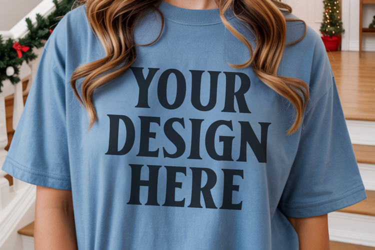 Christmas Comfort Colors 1717 Blue Jean T-Shirt Mockup Real