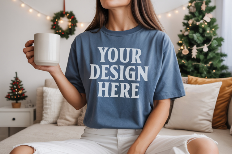 Comfort Colors 1717 Blue Jean Christmas T-Shirt Mockup, Boho