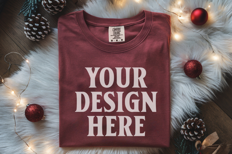 Crimson Comfort Colors 1717 Christmas Folded T-Shirt Mockup