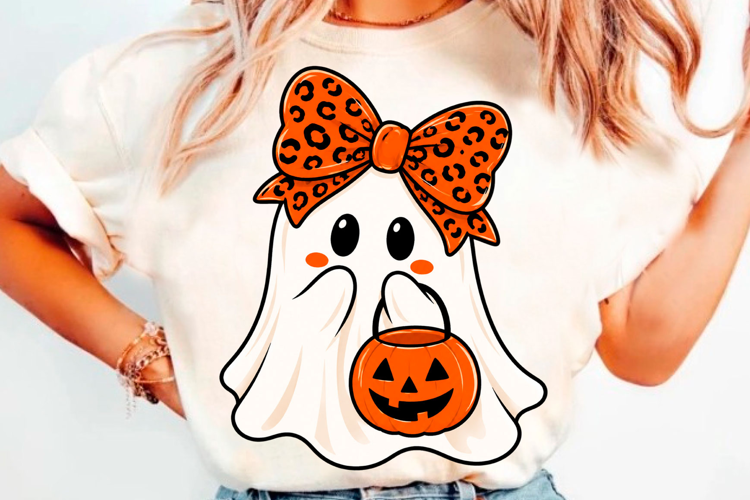 Cute ghost with pumpkin Halloween bow t shirt design