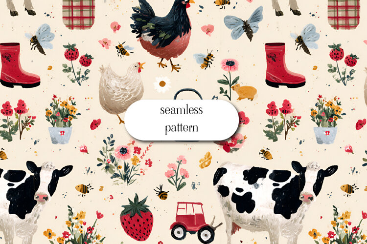 Cute Farm Life Seamless Pattern Watercolor Animals (6520883)