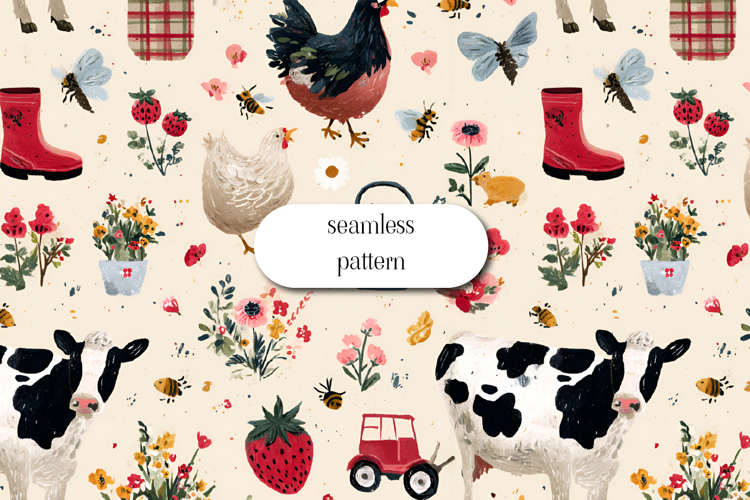 Cute Farm Life Seamless Pattern Watercolor Animals